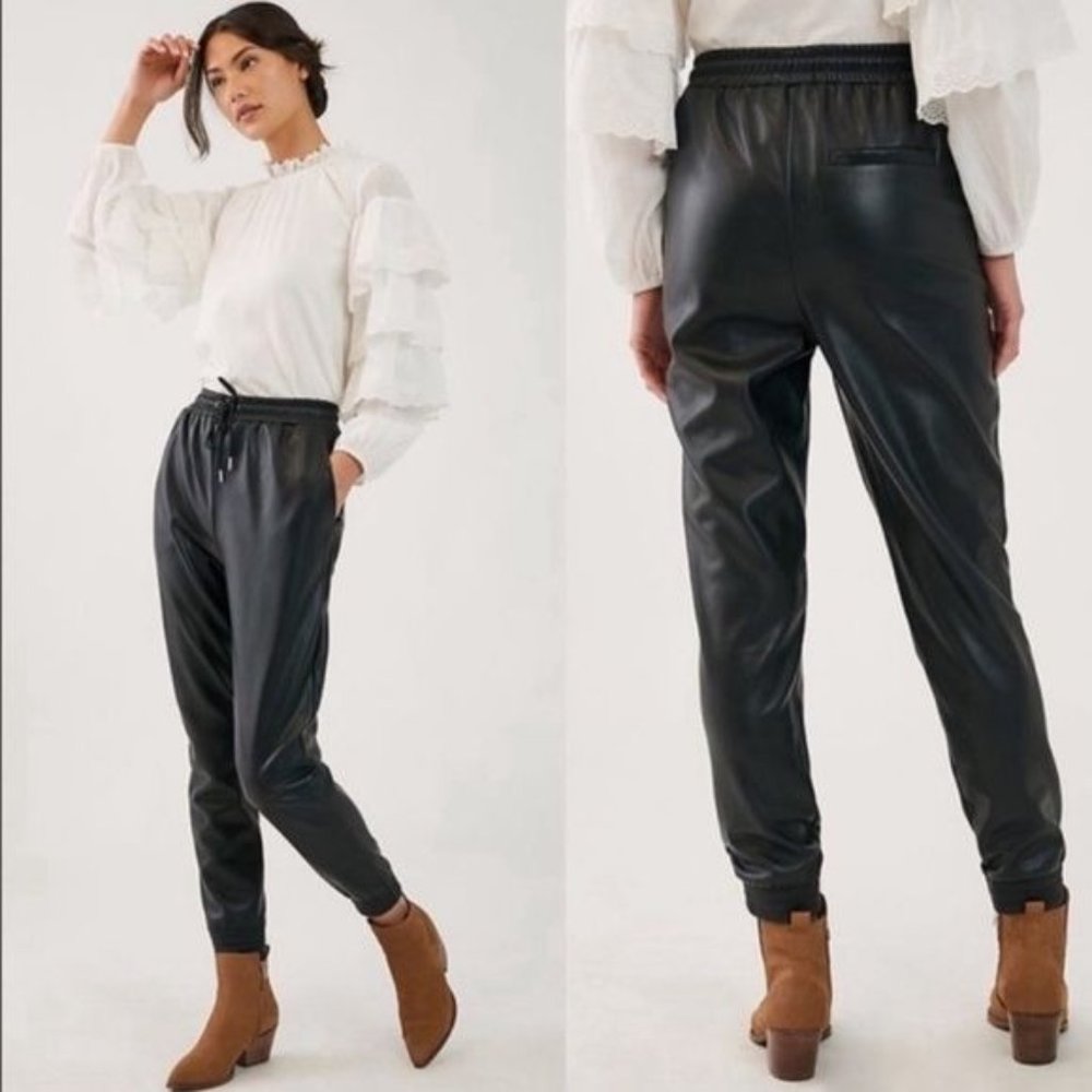 AVEC LES FILLES x BAGATELLE Black Faux Vegan Leather Fleece Lined Joggers Sz S‎